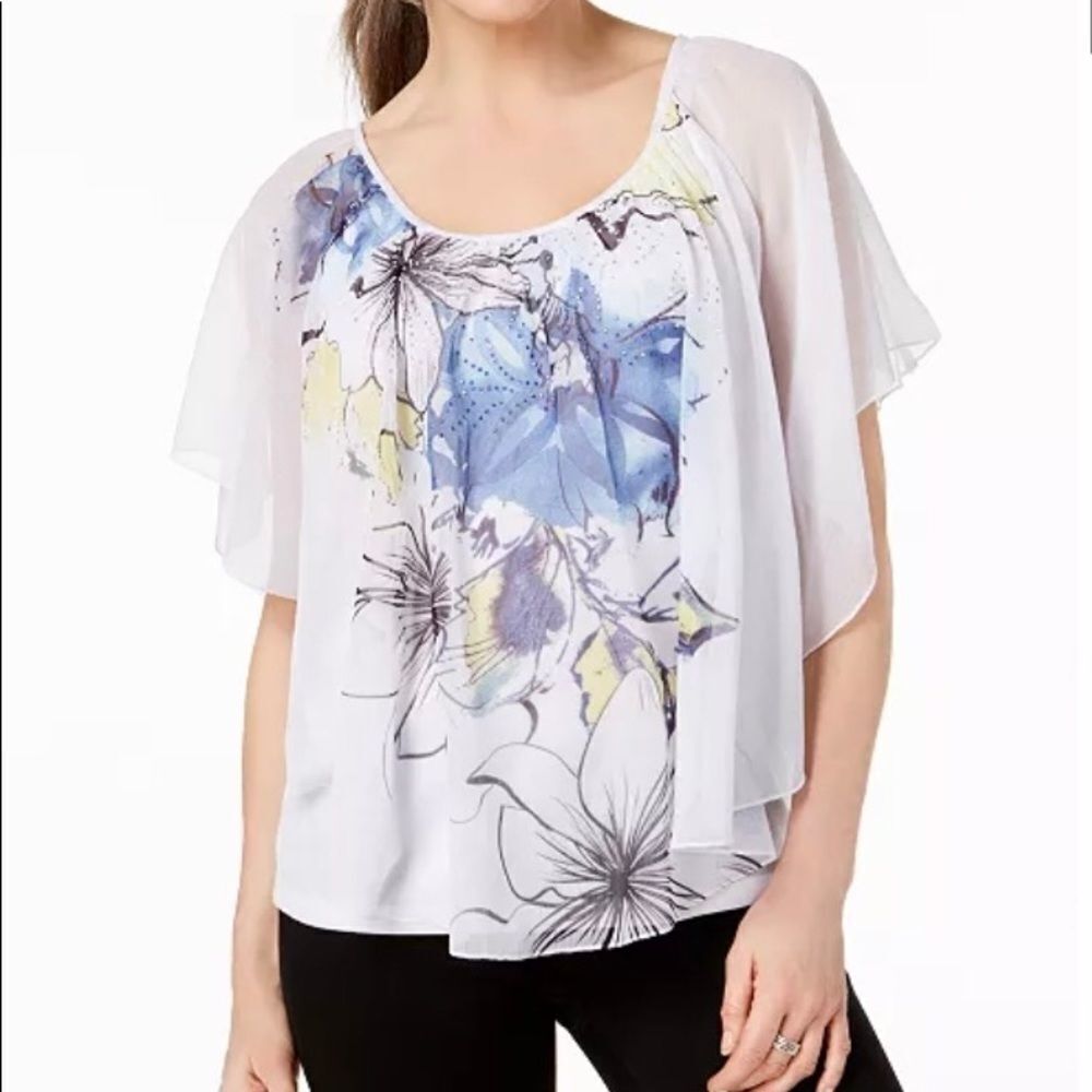 JM Collection Printed Poncho Rhinestone Blouse women’s size small